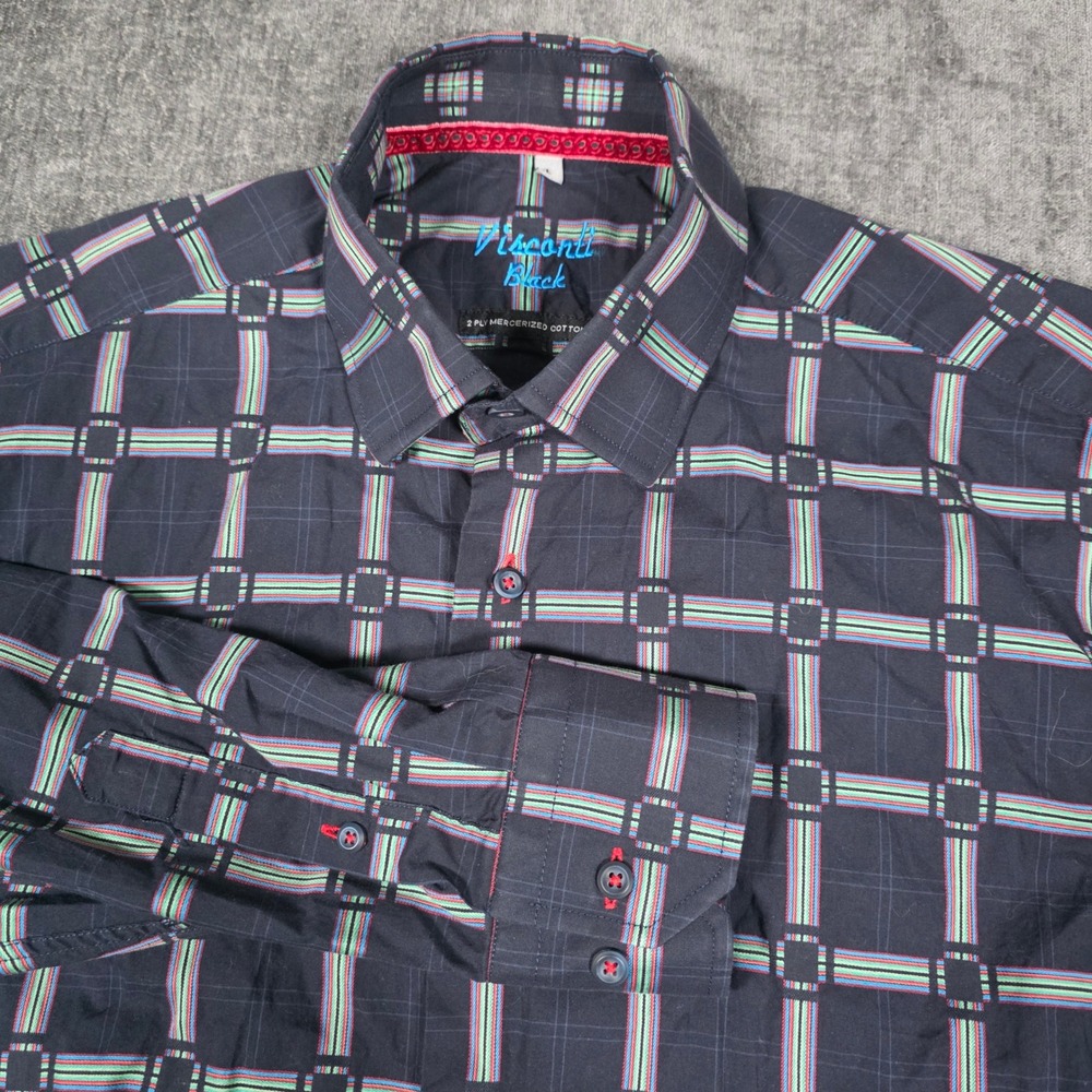 Visconti Black Mens Blue Plaid Geometric Abstract Cotton Button Down Shirt Large
